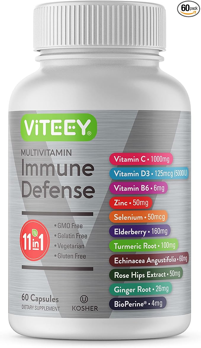 Viteey 11 in 1 Immune Support Supplement - Immune Defense with Vitamin D3, B6, Echinacea, Turmeric, Rose-HIPS, Selenium, BioPerine, Ginger, Elderberry Vitamin C and Zinc - 60 Count
