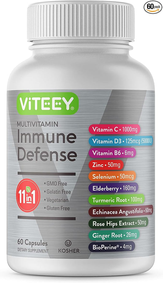 Viteey 11 in 1 Immune Support Supplement - Immune Defense with Vitamin D3, B6, Echinacea, Turmeric, Rose-HIPS, Selenium, BioPerine, Ginger, Elderberry Vitamin C and Zinc - 60 Count