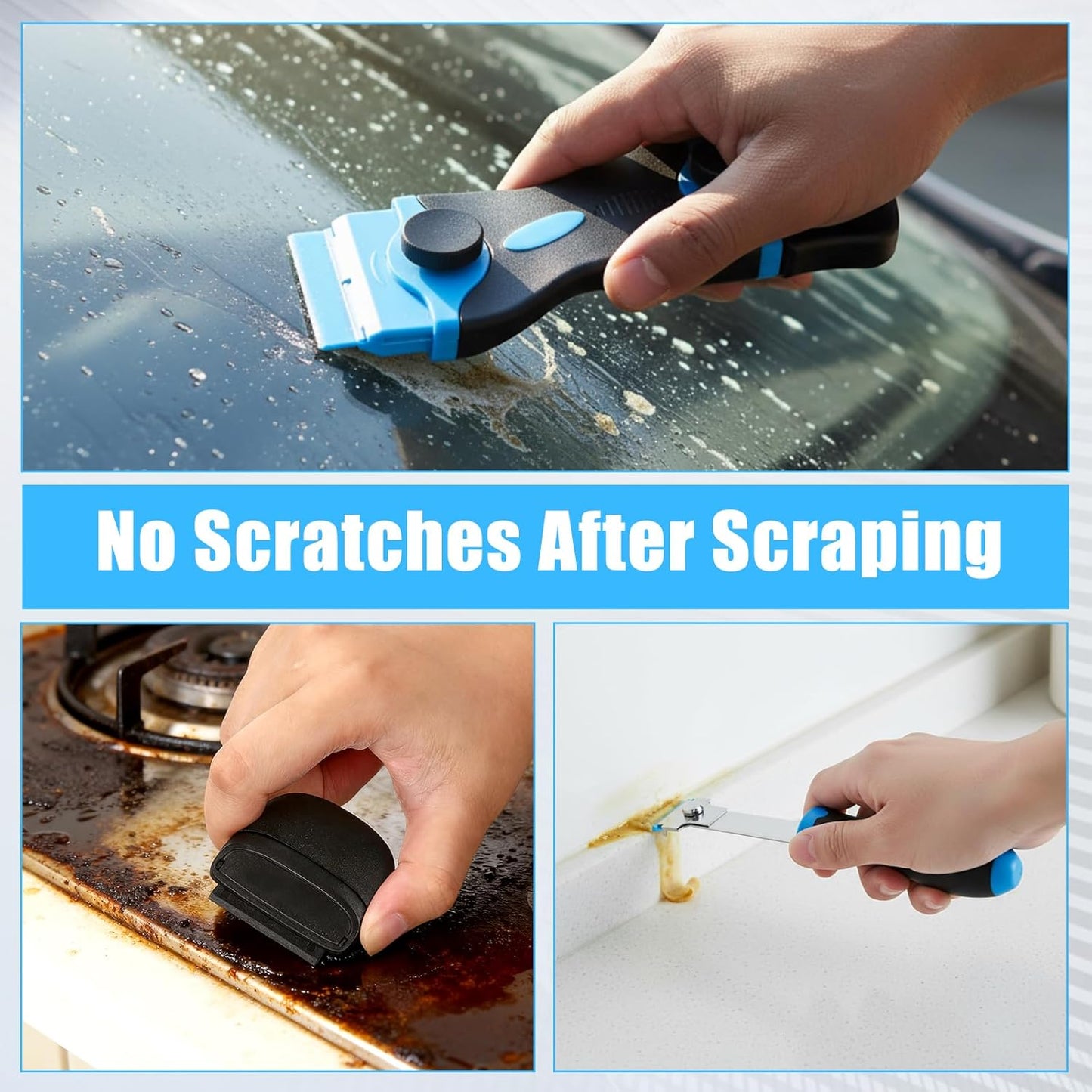 Tallew 12 Pcs Plastic Scraper Tool Razor Blade Plastic Pick Putty Knife Non Scratch Tool Set for Window Floor Label Removal Stickers Paint Cleaning Tile Floors Walls Labels Oil Stains (Classic Color)