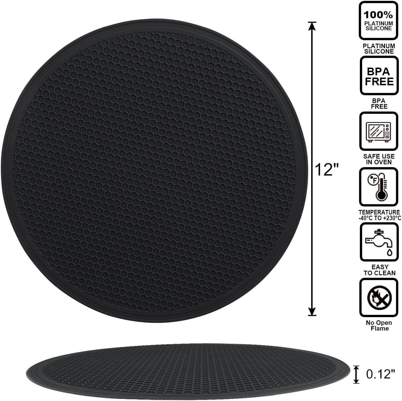 Silicone Microwave Mats, 12" Extra Large Multi-Use Microwave Mat Heat Resistant Silicone Trivet Mat Pot Holders Hot Pads for Kitchen, Silicone Cover Pad for Microwave Oven Hot Pot Pans, Black 2Pack