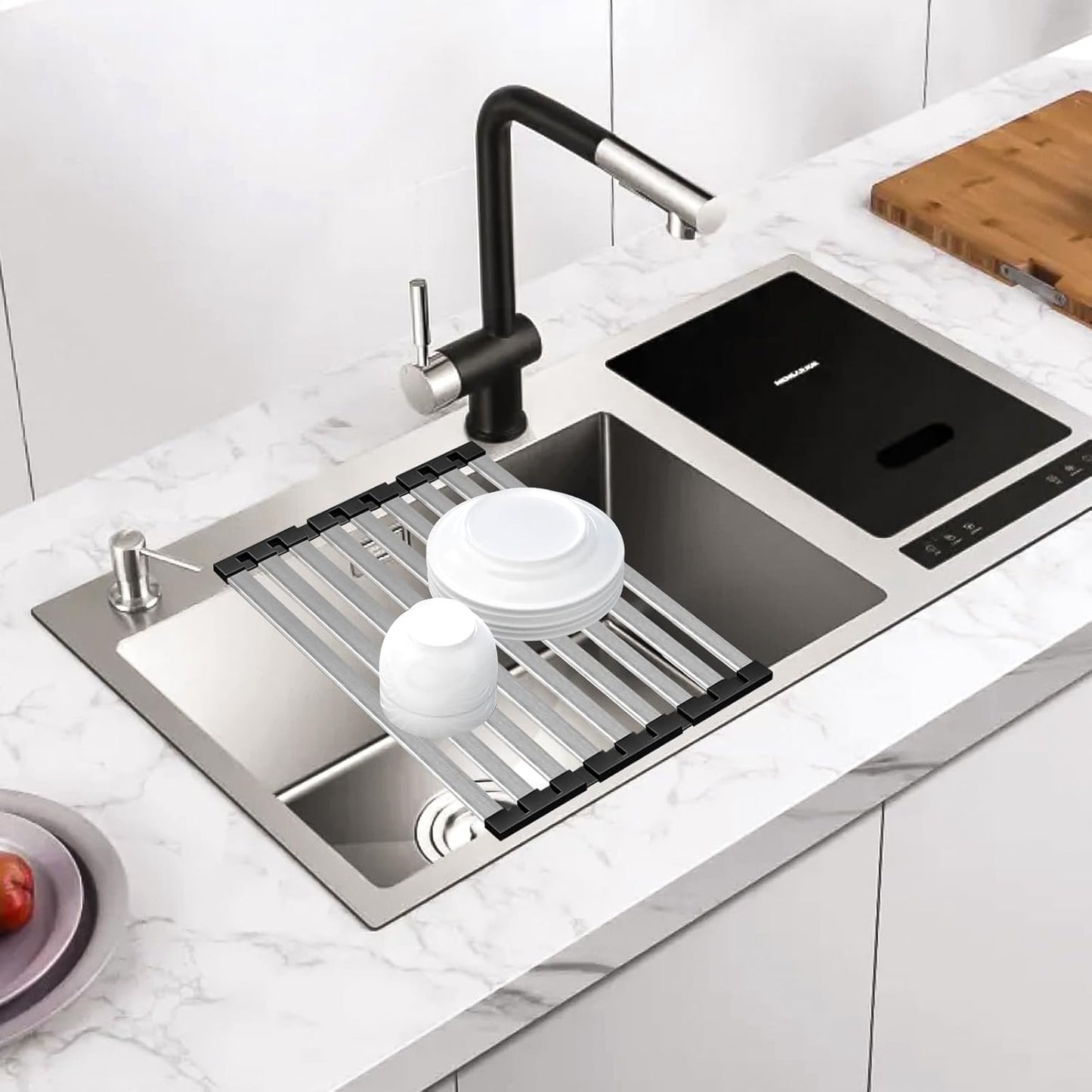 Dish Drying Rack, 19.7" X 13" Over Sink Drying Rack, Kitchen Roll Up 304 Stainless Steel Drain Rack, Roll Up for Kitchen and RV Sinks, Black