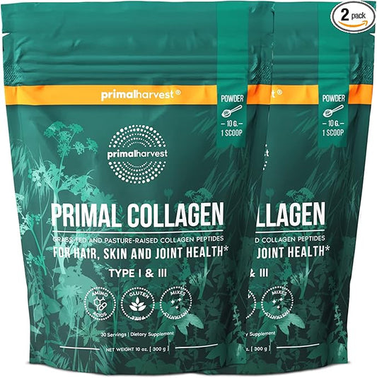 Primal Harvest Collagen Powder for Women or Men Primal Collagen Peptides Powder Type I & III, 10 Oz Collagen Protein Powder for Hair, Skin, Nails (Two Pack, Unflavored)