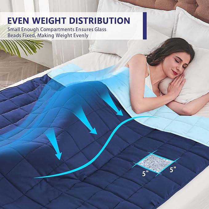 yescool Weighted Blanket for Adults (20 lbs, 60" x 80",Navy & Blue) Cooling Heavy Blanket for Sleeping Perfect for 190-210 lbs, Queen Size Breathable Blanket with Premium Glass Bead, Machine Washable