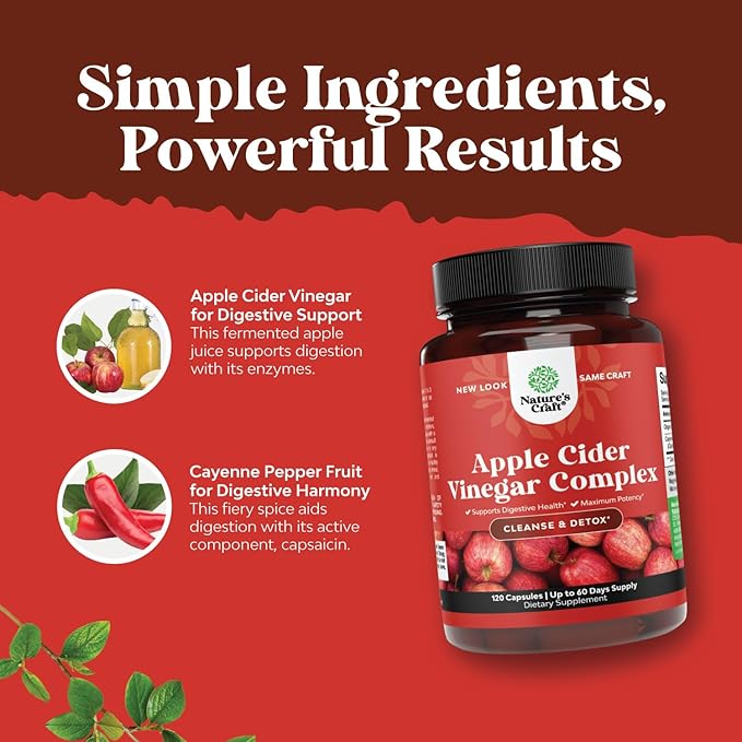 Cleansing Apple Cider Vinegar Capsules - ACV Cleanse and Detox Pills for Gut Digestive Health with Slimming Cayenne Extra Strength Full Body (60 Servings)