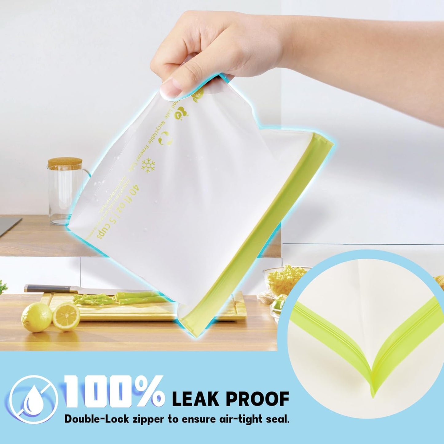 20 Pack Reusable Food Storage Bags,Leakproof Freezer Bags BPA Free Stand Up Sandwich Bags for Lunch Salad Fruit Travel,Dishwasher Safe(6 Gallon,8 Sandwich,6 Snack)