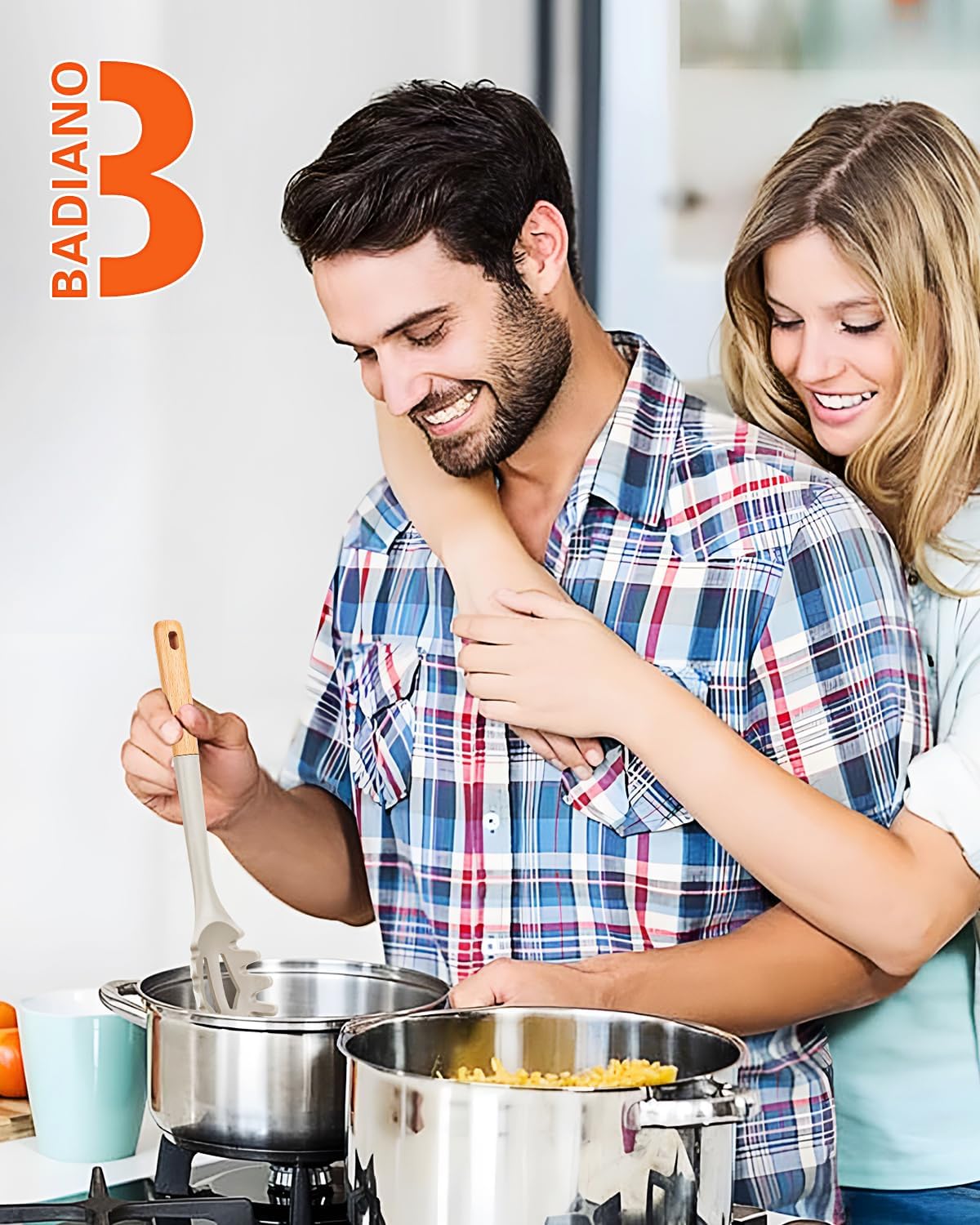 Silicone Pasta Fork, Kitchen Heat Resistant Noodle Spoon Server, BPA Free Spaghetti Strainer,12.8 inch (Khaki)