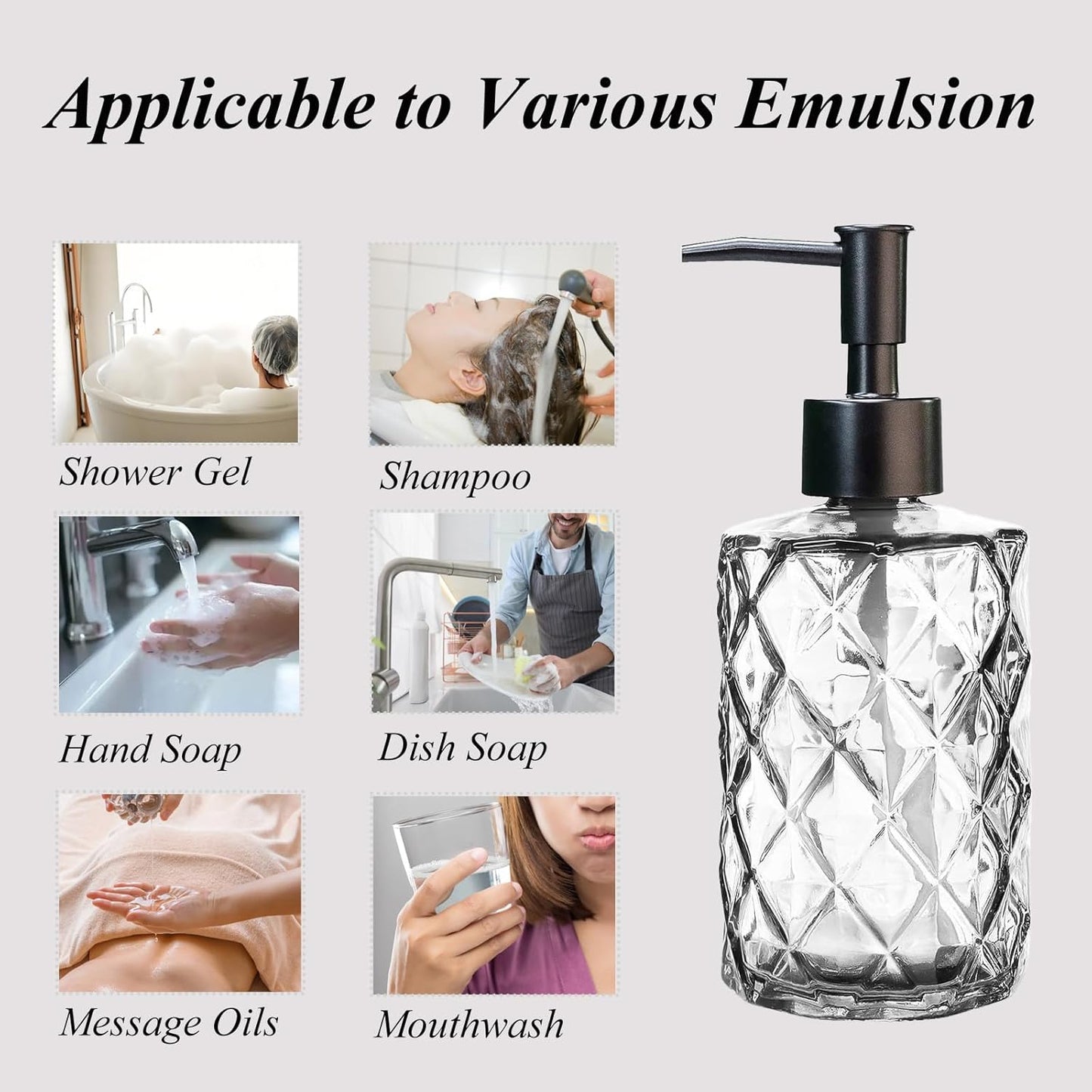 12Oz Small Glass Soap Dispenser with Black Plastic Pump, Clear Refillable Kitchen Countertop Liquid Hand Soap Dispensers with Diamond Design, Crystal Bathroom Lotion Bottle for Dispense Dish Soap