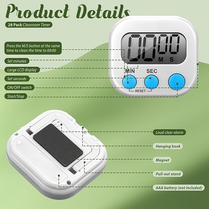 Xuhal 28 Pcs Digital Timers for Teachers Classroom Kitchen Countdown Timers for Cooking Magnetic Stopwatch 4 Colors for Kitchen Cooking Study Work Baking Sports