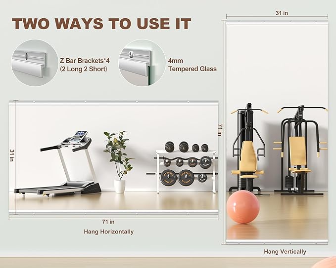 Hasipu Home Gym Mirror 71" L x 32" W - 1PC Large Full Body Mirror for Yoga, Wall-Mounted Mirrors for Fitness, Garage, Dance Studio, 0.16in Tempered Glass Frameless