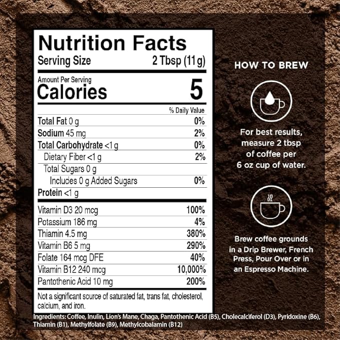 VitaCup Focus Mushroom Coffee Grounds, with Lions Mane, Chaga, B Vitamins, D3, Boost Focus, Immunity, Memory & Clarity, Medium Dark Roast, Bold & Smooth 100% Arabica Specialty, 4 bags, 10oz each