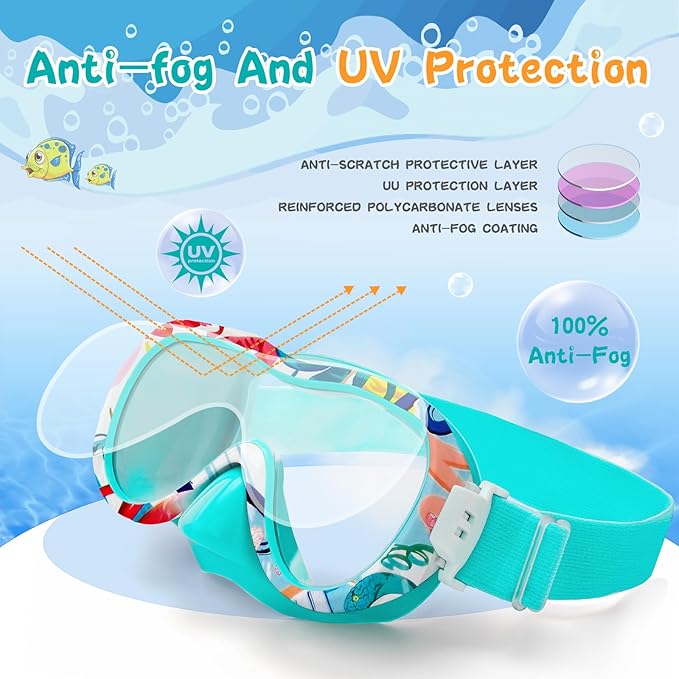 Kids Swim Goggles with Nose Cover, 180° Panoramic Snorkel Mask with Anti-Fog & Anti-Leak Design, Comfort Fabric Strap UV Protection Lens for Boys Girls Ages 3-15