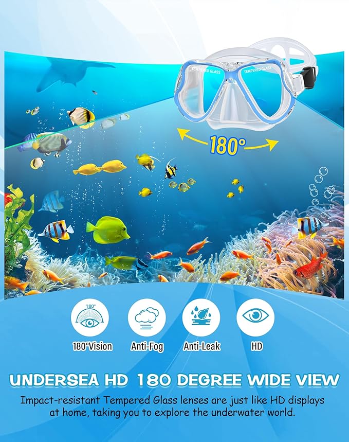 Greatever Dry Snorkel Set,Panoramic Wide View,Anti-Fog Scuba Diving Mask,Professional Snorkeling Gear