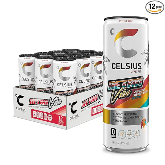 CELSIUS RETRO VIBE Sparkling Sherbet Slush, Sugar Free Energy Drink, 12 Fl Oz (Pack of 12)