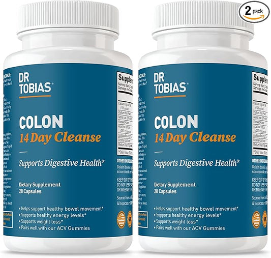 Dr. Tobias Colon 14 Day Cleanse, Advanced Gut Cleanse Detox for Women & Men with Cascara Sagrada, Psyllium Husk, Senna Leaf & Probiotics, Non-GMO Colon Cleanse, 2 Bottles of 28 Capsules (1-2 Daily)