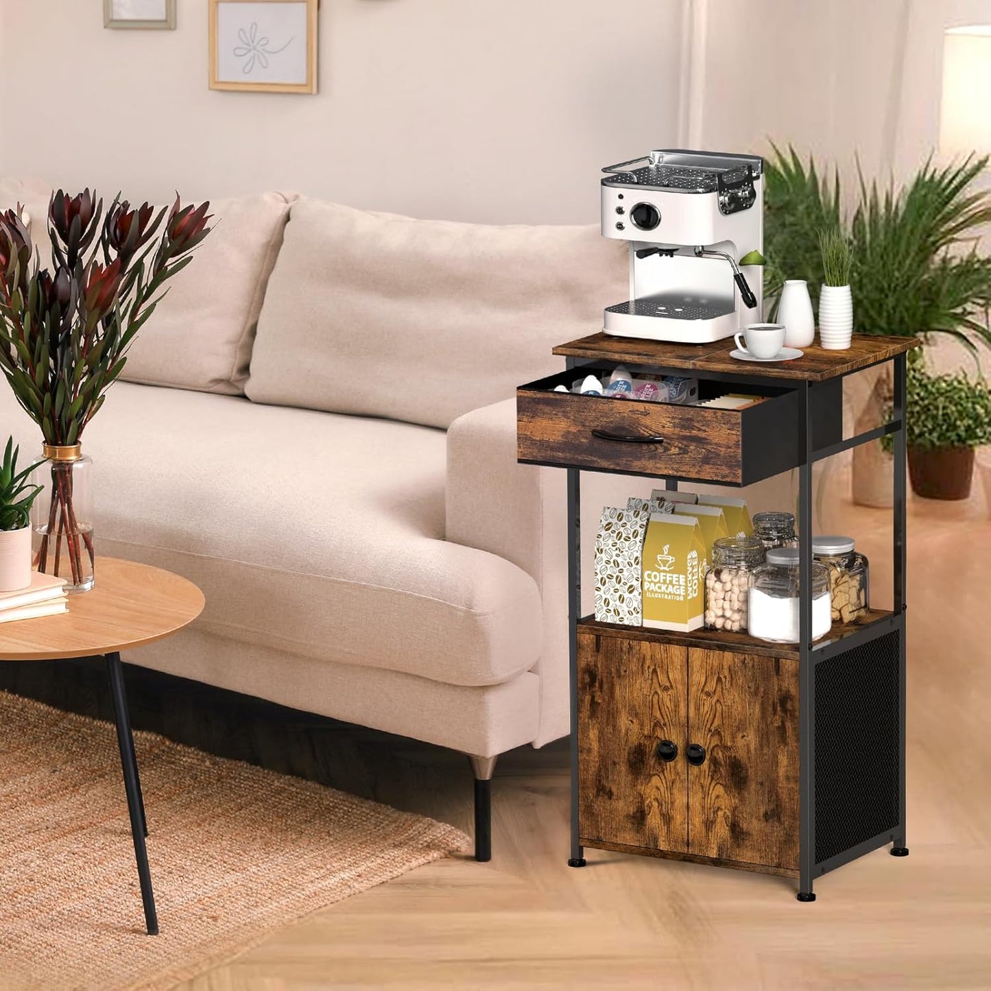 4-Tier Small Coffee Bar with Storage,Kitchen Stand, Farmhouse-Style Coffee Bar with Storage Featuring 2-Door Cabinet for Living Room,Kitchen (Rustic Brown)