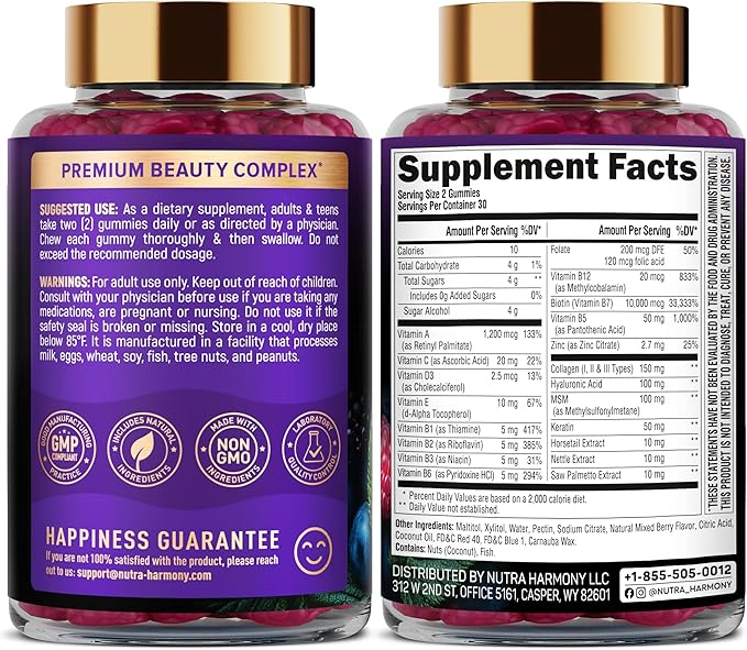 Biotin Gummies with Collagen - Hair Growth Support Skin, & Nail Strength - for Women & Men - Biotin 10000mcg | Keratin | Hyaluronic Acid | B-Complex | Saw Palmetto - Sugar-Free, Mixed Berry - 60 Gummy