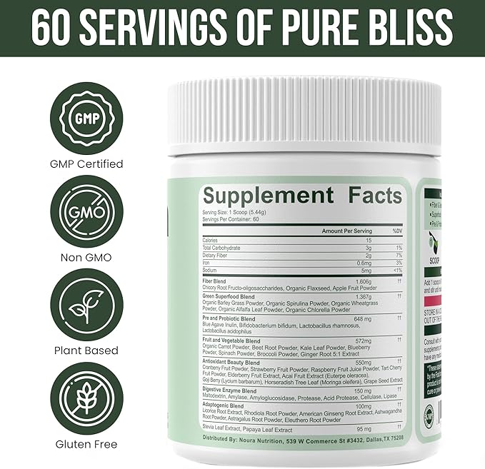 Super Greens Powder, 60 Servings - Immunity, Digestive Enzymes & Probiotics for Energy, Gut Health, Bloating Relief for Women - Greens Superfood Powder - Mixed Berry