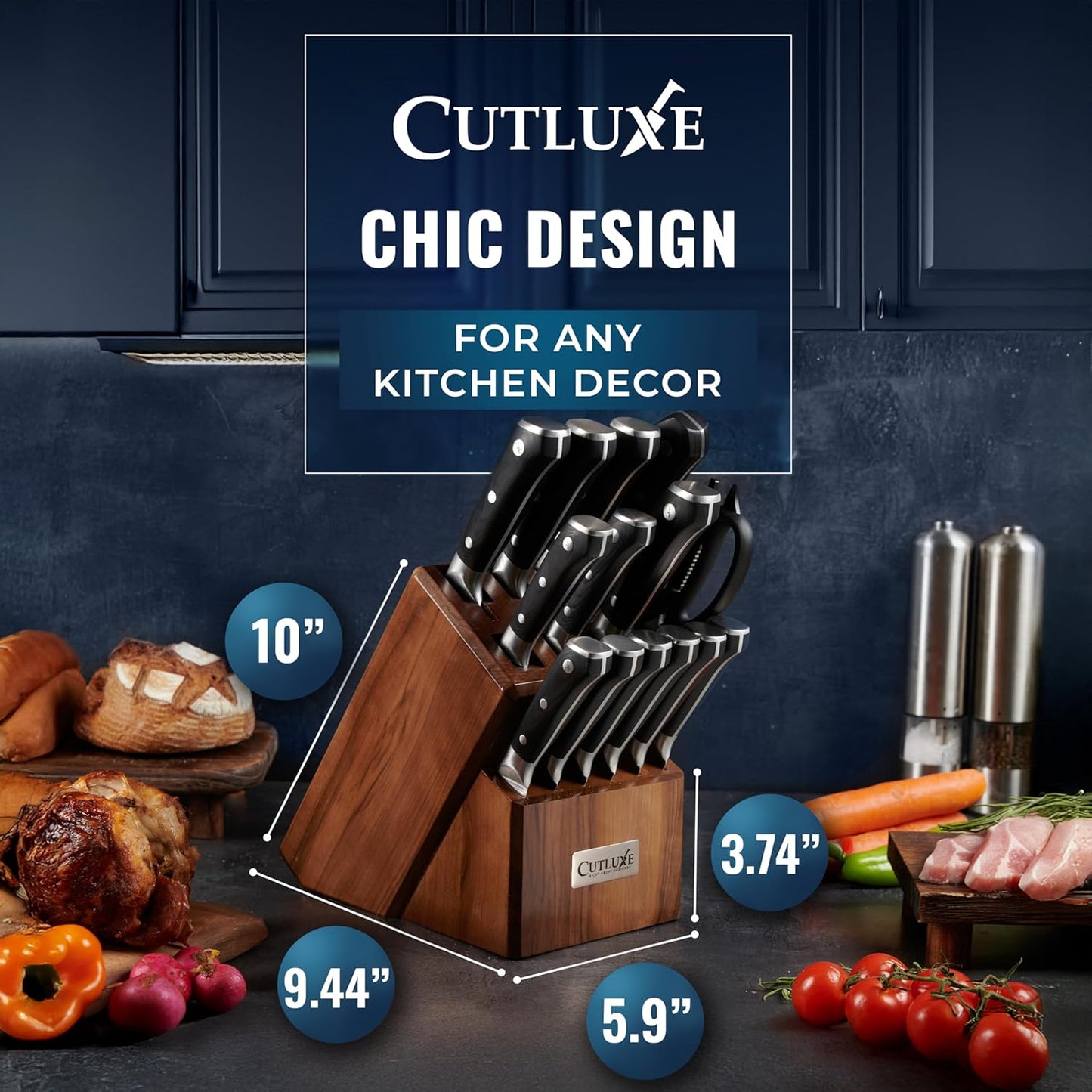 Cutluxe 15-Piece Knife Set – High Carbon German Steel Blades, Full Tang Design & Ergonomic Pakkawood Handles in Walnut Wood Block – Artisan Series