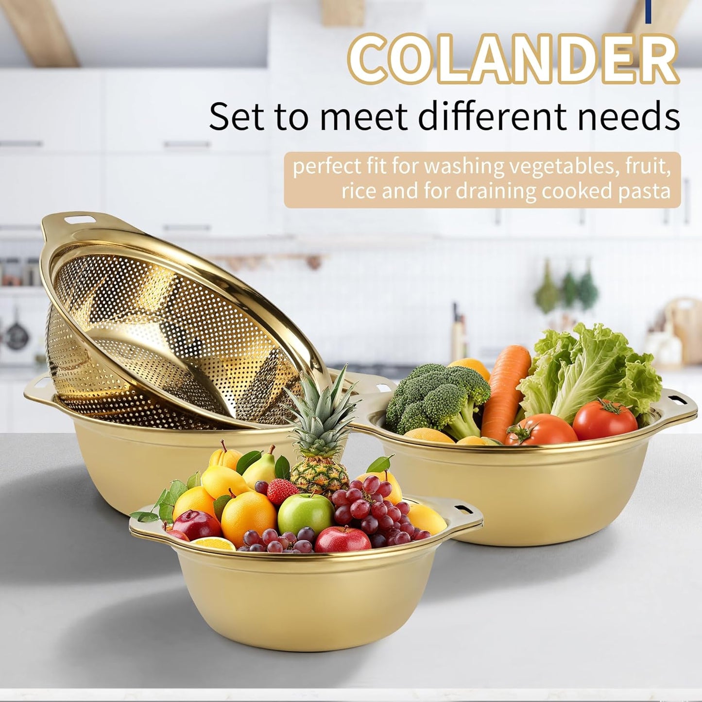 Colander 304 Stainless Steel 3-quart with Mixing Bowls, Strainer for Kitchen Food For washing vegetables, fruit, rice, Dishwasher Safe. (Gold 2PC)