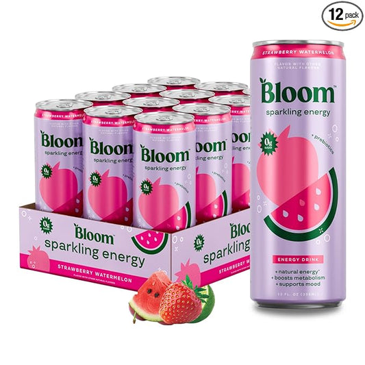 Bloom Nutrition Sparkling Energy Drink - Natural Caffeine, Zero Sugar, 180mg Caffeine - Antioxidant-Rich with Green Coffee Bean, Green Tea Extract, Prebiotics - Strawberry Watermelon - 12oz 12 Pack