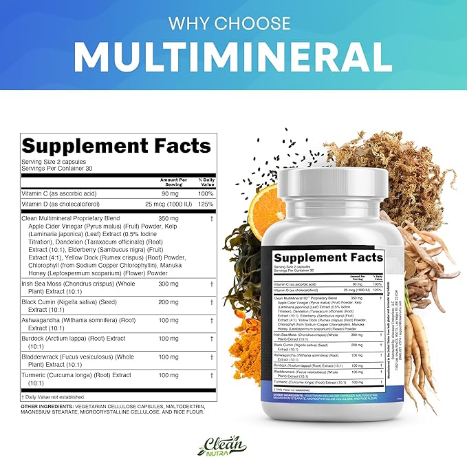 Clean Nutraceuticals Sea Moss Black Seed Oil Ashwagandha Turmeric Bladderwrack Burdock & Vitamin C Vitamin D3 with Elderberry Manuka Dandelion Yellow Dock Iodine Chlorophyll ACV