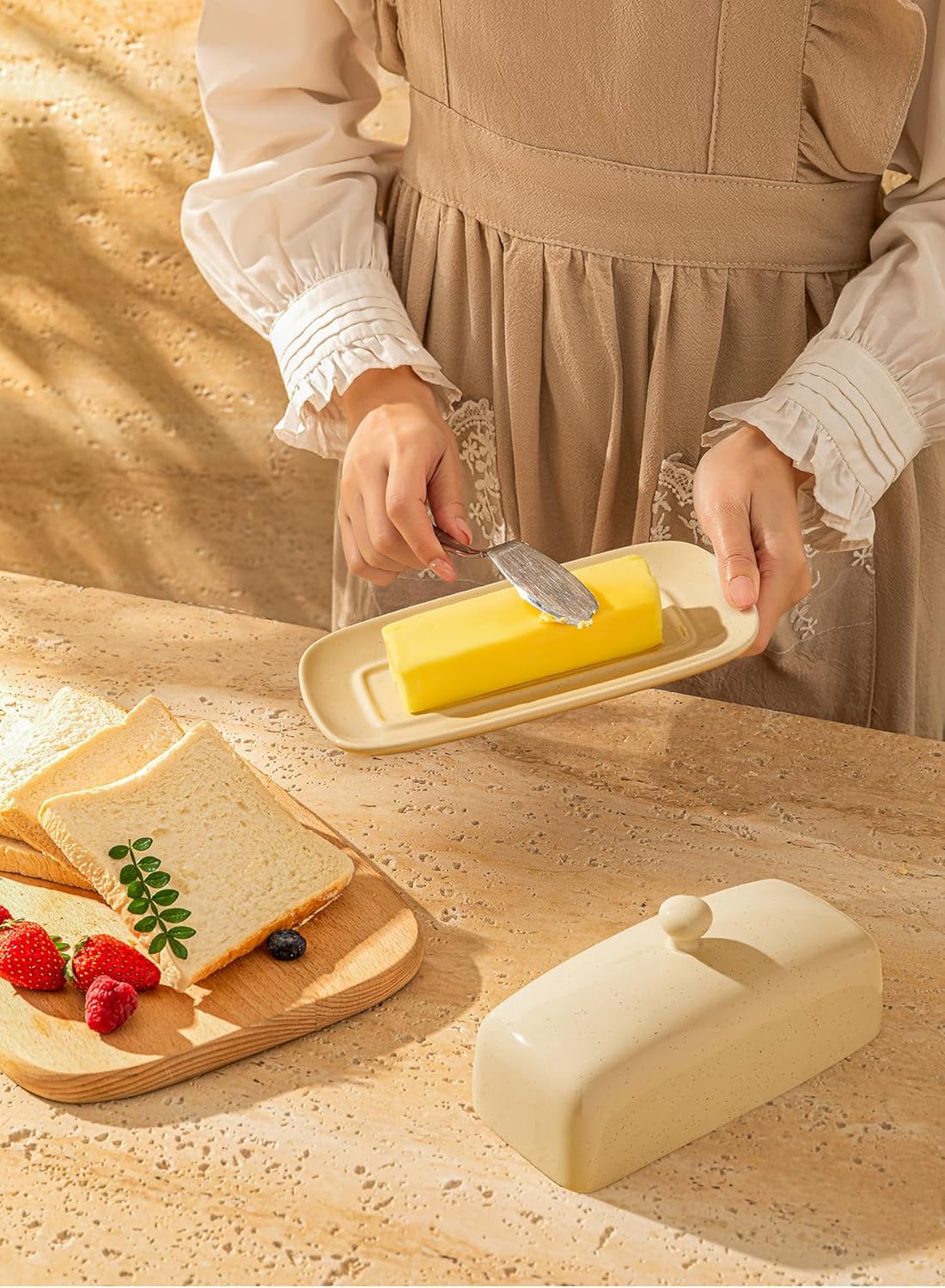 Sweese Butter Dish with Lid, Porcelain Butter Keeper, 7.8 Inch Butter Holder with Handle Cover, Butter Container Perfect for East West Coast Butter, Beige