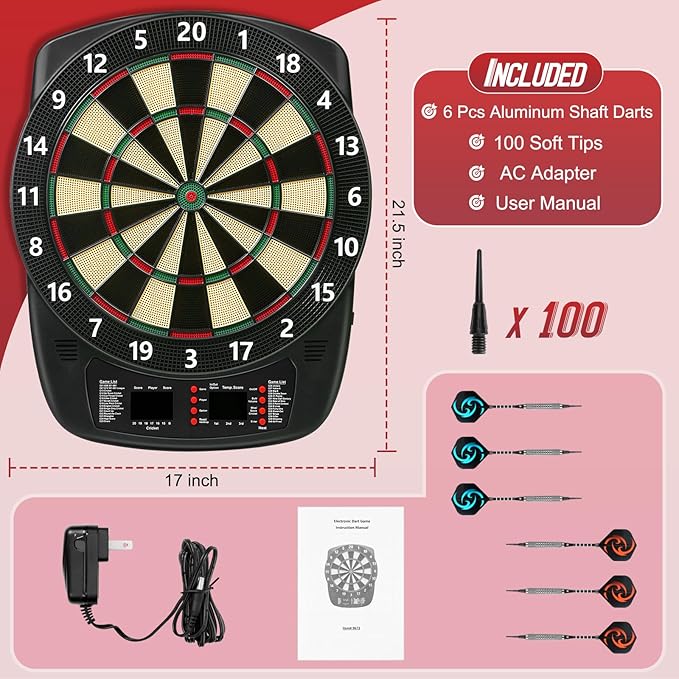 Electronic Dart Board, Soft Tip Dartboard Set 40 Games, 427 Variants Digital Electric Dart Boards with Colorful LED, 6 Darts, 100 Tips, Power Adapter