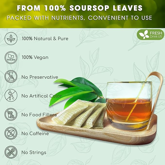 FreshDrinkUS, Premium 33 Soursop Graviola Leaf Tea Bags, 100% Natural & Pure from Soursop Leaves, Hoja Guanabana Herbal Tea. Made with Natural Material Tea Bags. No Sugar, No Caffeine, Vegan.
