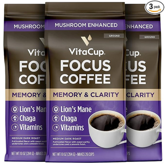 VitaCup Focus Mushroom Coffee Grounds, with Lions Mane, Chaga, B Vitamins, D3, Boost Focus, Immunity, Memory & Clarity, Medium Dark Roast, Bold & Smooth 100% Arabica Specialty, 3 bags, 10oz each
