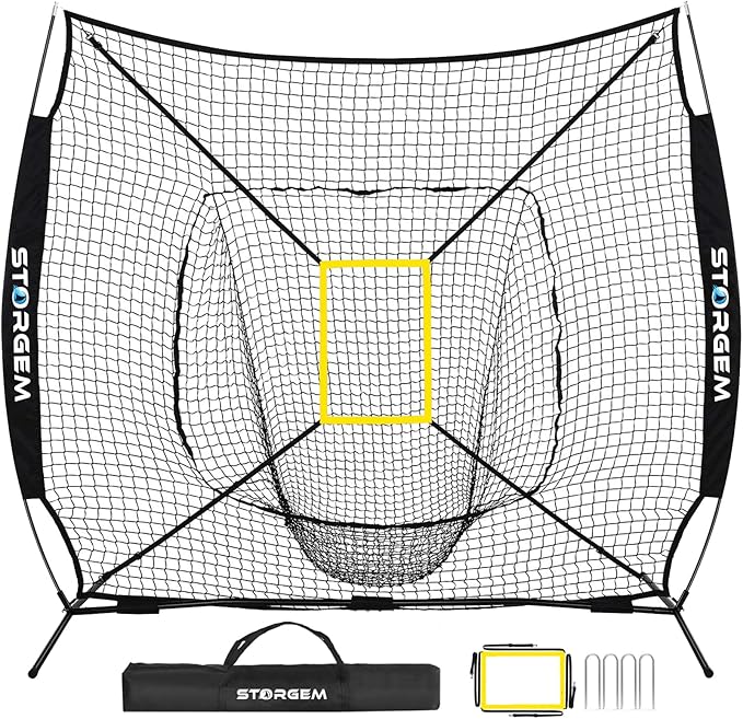 Storgem Baseball and Softball Practice Net 7×7ft Portable Hitting Pitching Batting Training Net Baseball Backstop Net with Batting Tee and Strike Zone and Bow Frame