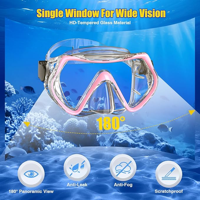 Snorkeling Gear, Dry Snorkel Set180° Panoramic Wide View,Anti-Fog Scuba Diving Mask, Professional Snorkeling Gear for Free Breathing, Swimming, Diving