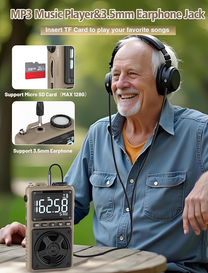 Bluetooth AM FM Shortwave Radio with NOAA Weather Alert,1250mAh Rechargeable Portable Pocket Radio with Best Reception,5W Big Speaker, Digital Tuner and Earphone,Support SD Card and USB Player(Brown)