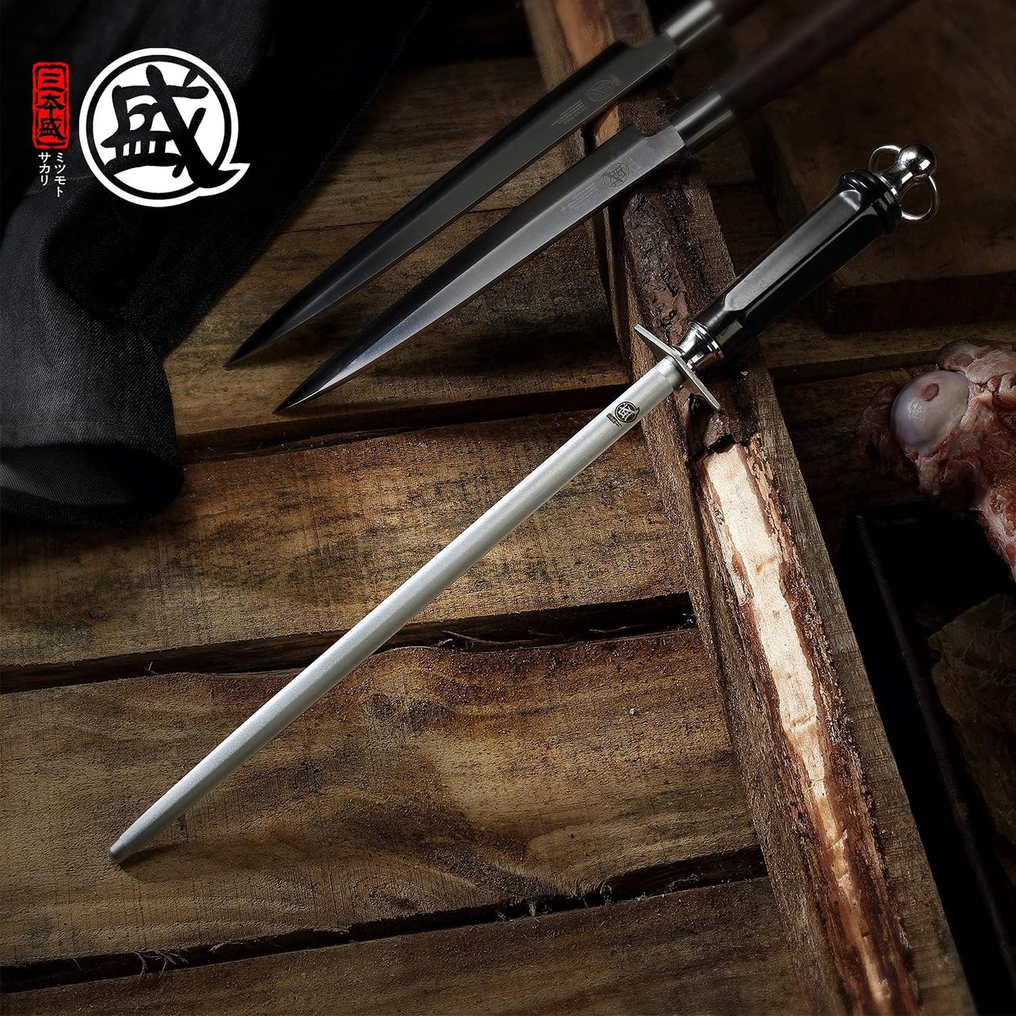 MITSUMOTO SAKARI 10 inch Japanese Honing Steel - Round Diamond Knife Sharpening Rod, Professional High Carbon Sharpener with ABS Handle & Powerful Magnet