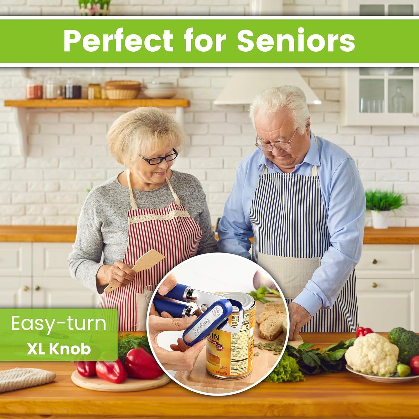 Spring Chef Stainless Steel Can Opener - Manual with Soft Grip Handles, Easy Turn, Heavy Duty Hand Can Openers for Seniors with Smooth Edge - Magnetic Lid Remover - Sapphire