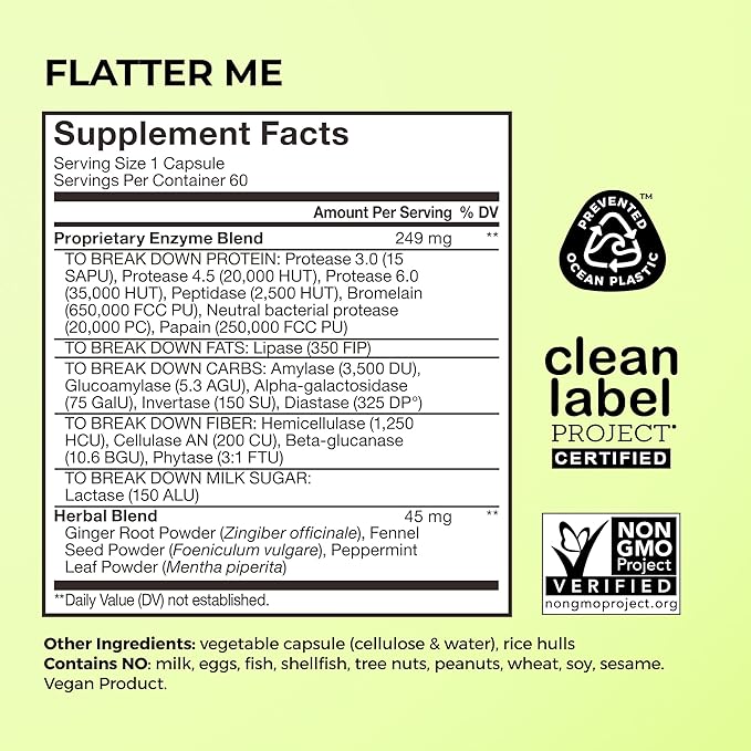 HUM Flatter Me Digestive Enzymes Bloating Supplement - Fast-Acting Bloat Relief for Digestive Health & Debloating Multi Enzyme | Bloat Pills, Anti Bloat Pills, Vegan 60 Servings