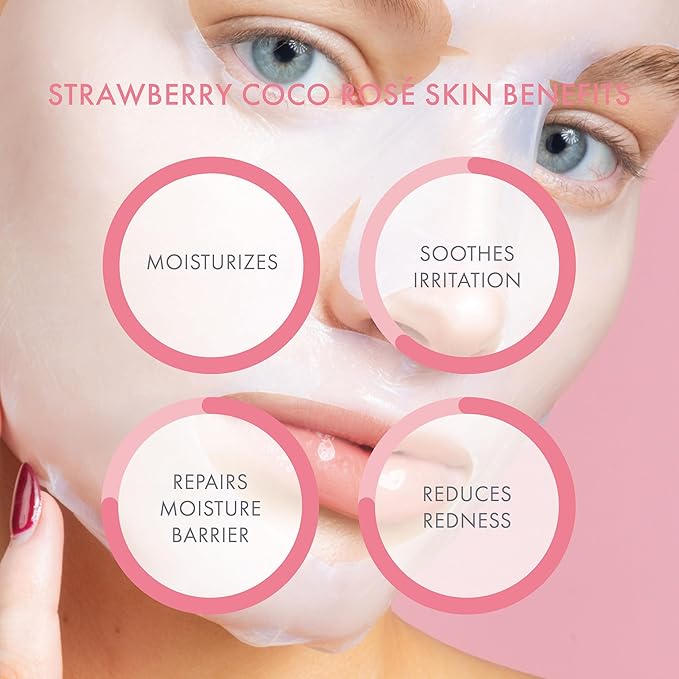 ESW Beauty Strawberry Coco Rosé Soothing Face Mask - Hydrating, Calming, Vegan Face Mask with Coconut Water, Green Tea, & Strawberry Extract for Sensitive Skin