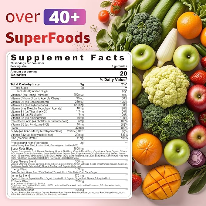 Super Reds Gummies, Fruit and Veggie Supplement w/40+ Superfoods, Polyphenol, Fruits Berries, Super Greens, Beet Root Powder Alternative, Support Energy, Antioxidants, Gut Health, Immunity, 60Cts