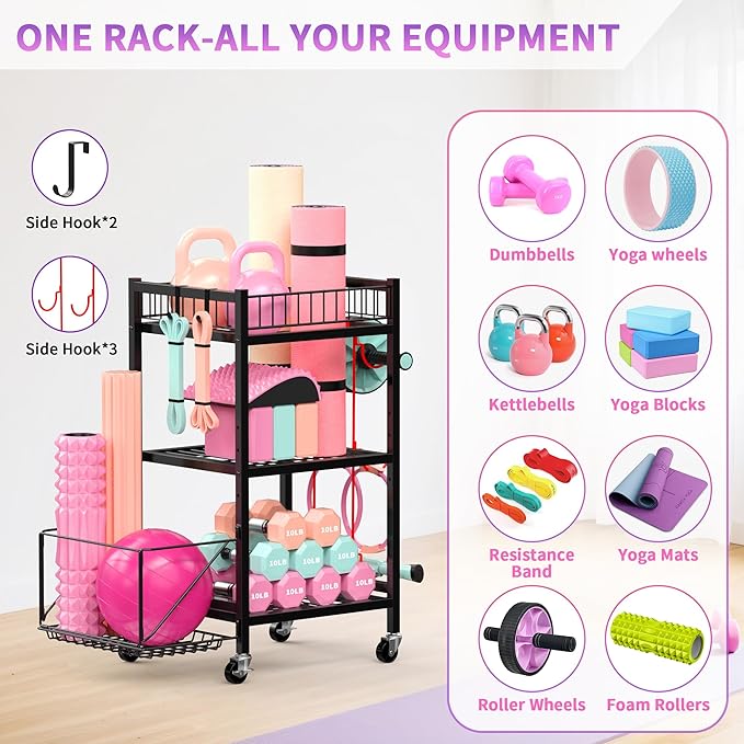 3-Tier Home Gym Storage Rack, Adjustable Yoga Mat Storage Rack, 250LBS Metal Workout Equipment Storage Cart with Large Basket & Lockable Wheels for Mats, Bands, Foam Rollers, Yoga Block