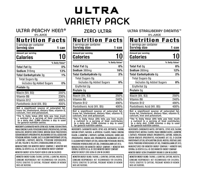 Monster Energy Ultra Variety Pack, Zero Ultra, Ultra Peachy Keen, Ultra Strawberry Dreams, Sugar Free Energy Drink, 16 Ounce (Pack of 15)