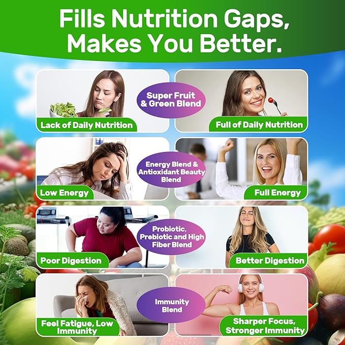 Super Greens Gummies, Greens Superfood Powder Alternative w/Spirulina, Chlorella, Prebiotic Fiber, Probiotic, Fruit Veggie, Daily Fruit Vegetable for Digestive & Gut Health, Immunity, Focus, 120 Cts