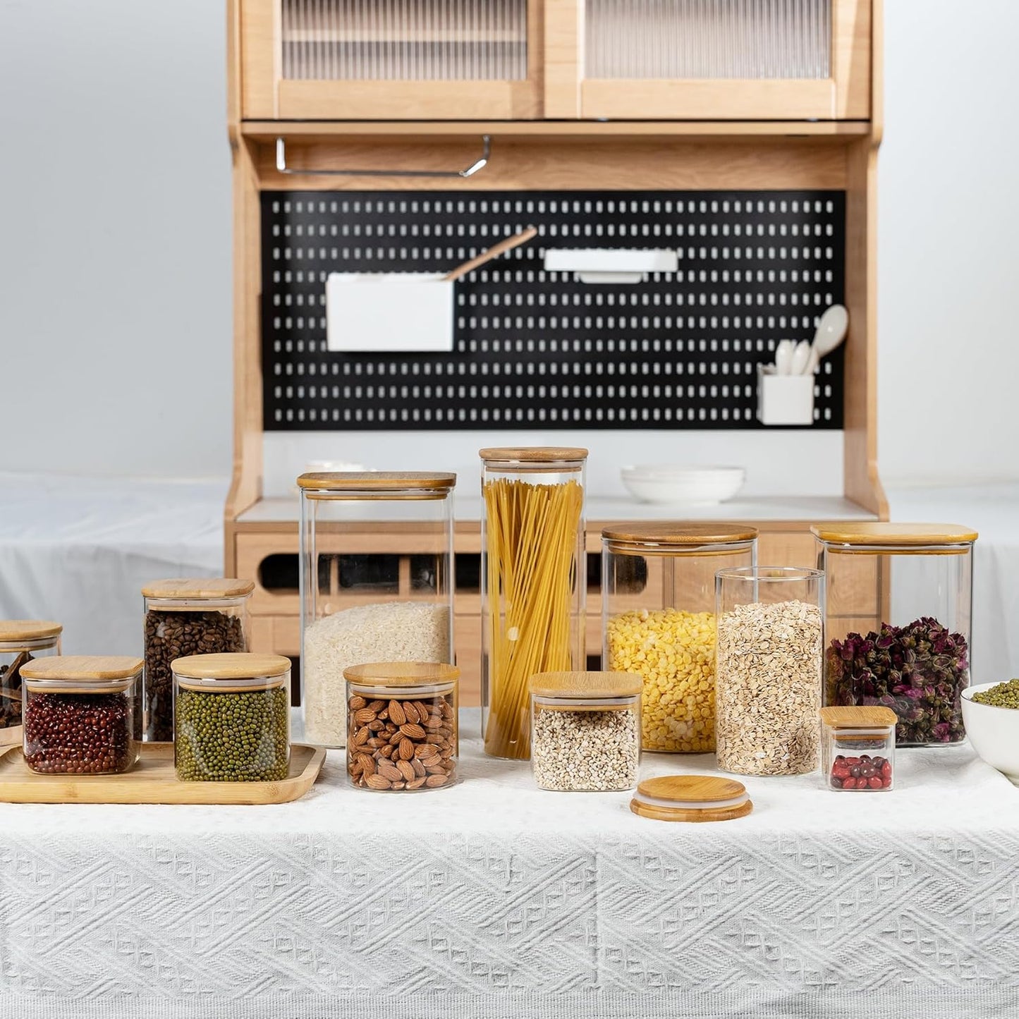 122oz 41oz Airtight Glass Square Storage Canister with Bamboo Lid Set of 2(3600ml*1 1200ml*1) Large Storage Container Gallon Glass Jars, for Sugar, Flour, and Coffee bean (with Black Lable)