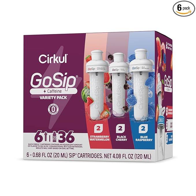 Cirkul GoSip Flavor Cartridge Variety Pack with Caffeine, 6-Pack (2 Blue Raspberry, 2 Black Cherry, 2 Strawberry Watermelon), No Sugar, Zero Calorie Drink Mix