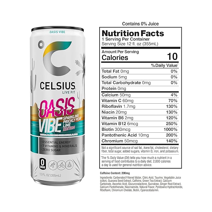 CELSIUS OASIS VIBE Sparkling Prickly Pear Lime, Sugar Free Energy Drink, 12 Fl Oz (Pack of 12)