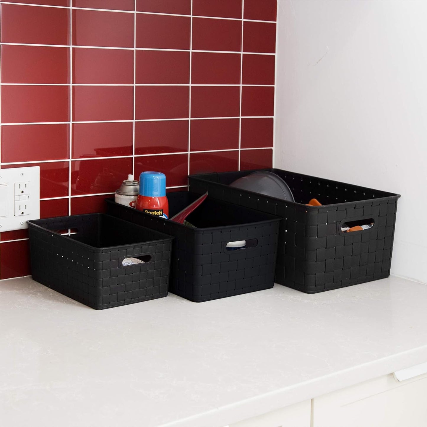 BINO | Plastic Basket, Large - Black | 3 Pack | THE STABLE COLLECTION | Multi-Use Storage Basket | Rectangular Cabinet Organizer | Home & Office Storage Organizer | Baskets for Bathroom Organizing