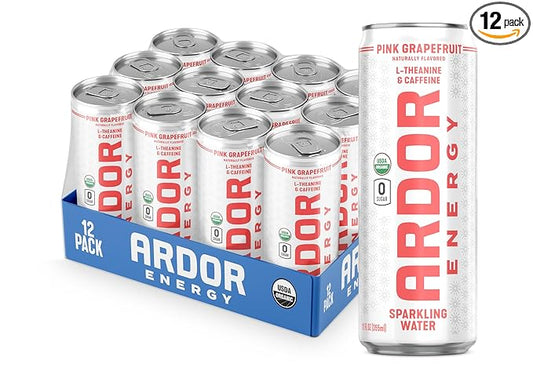 ARDOR ENERGY Sparkling Water with 100mg Natural Caffeine & 200mg L-Theanine from Organic Green Tea for Smooth Energy & Focus | Healthy Energy Drink | No Sugar, Zero Calories, Vegan, Gluten-Free | Pink Grapefruit (Pack of 12, 12oz cans)