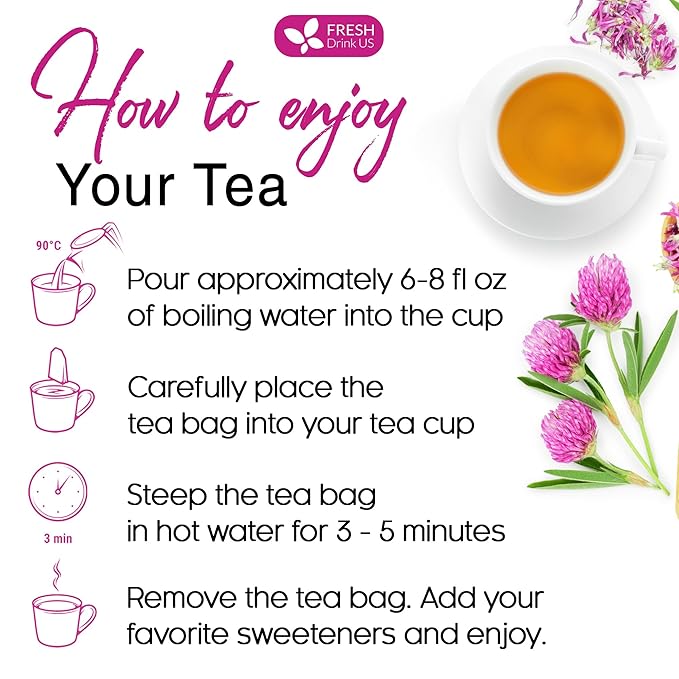 FreshDrinkUS, Premium Red Clover Herbal Teaโ 55 Tea Bags โ Pure โ Naturally Smooth & Mild Flavor โ Premium Quality, Eco-Conscious Packaging. Caffeine-Free. Gluten Free. Vegan
