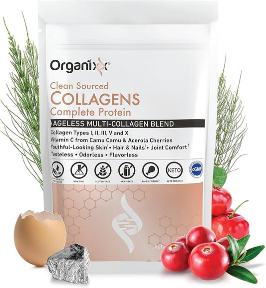Organixx Collagen Peptides Powder with Vitamin C, Types I, II, III, V, X Hydrolyzed Collagen, Hair, Nail, Skin, Bone & Joint Health, Aging Support, Clean Sourced, Gluten Free, Unflavored, 30 Servings