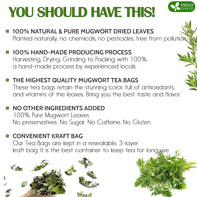 FreshDrinkUS, Premium 25 Mugwort Leaf Tea Bags, 100% Natural and Pure Mugwort Leaves. Loose Leaf Mugwort Herbal Tea. Mugwort Leaf Tea. No Sugar, No Caffeine, No Gluten, Vegan. (25 Tea Bags)