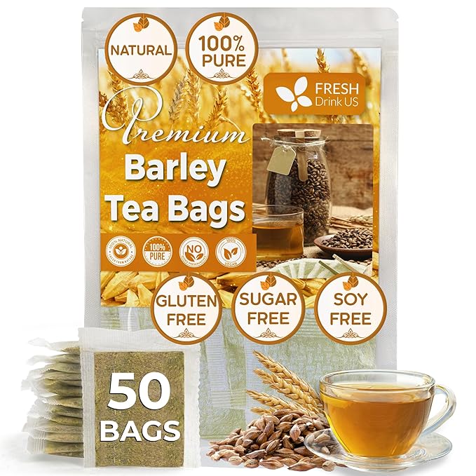 FreshDrinkUS Premium 50 Barley Tea Bags, 100% Natural & Pure. Loose Barley Herbal Tea. Made with Natural Material Tea Bags. No Sugar, No Caffeine, No Gluten, Vegan