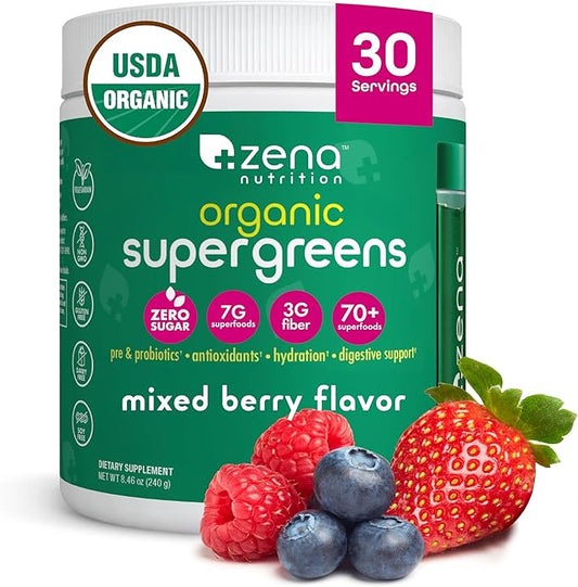 Zena Nutrition Organic Super Greens Powder, 70+ Superfoods, 0 Sugar, 3G Fiber, Spirulina, Chlorella, Antioxidants, Prebiotics/Probiotics, Digestive Enzymes, Mixed Berry, 30 Servings